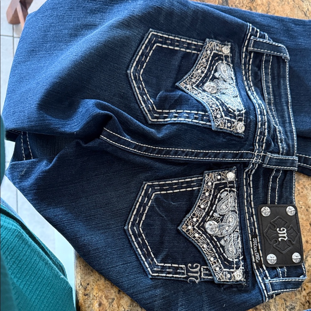 Miss Me Navy Boot Cut Jeans with Intricate Silver Detailing
